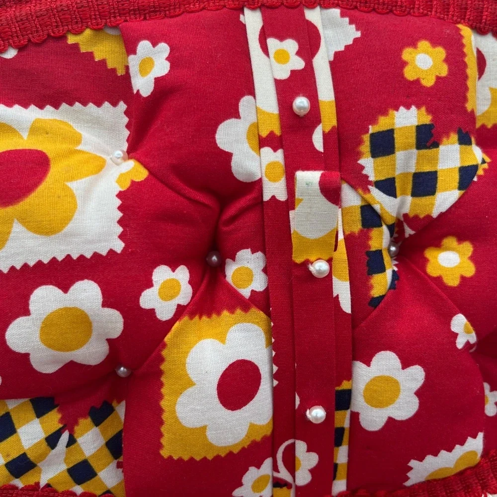 Vtg 70s Wicker Sewing Basket Retro Red Yellow Floral Mid Century Flower Power